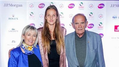 Breeda and Colm McLoughlin with Karolina Pliskova, cente, at the WTA Dubai Duty Free Tennis Championships' Players' Party. Courtesy Dubai Duty Free Tennis Championships