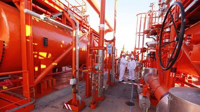 Dubai, February 5, 2013 - Guests get a tour of the new floating regasification terminal named "FSRU Toscana" of OLT Offshore LNG Toscana at Drydocks World, which will leave Dubai at the end of February in order to reach Italy, February 5, 2013. (Photo by: Sarah Dea/The National)