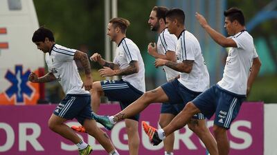Argentina’s footballers jog during a training session in Ezeiza, Buenos Aires. Eitan Abramovich / AFP