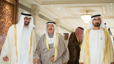 Sheikh Mohammed bin Rashid, Vice President and Ruler of Dubai, and Sheikh Mohamed bin Zayed, Crown Prince of Abu Dhabi Deputy Supreme Commander of the UAE Armed Forces, receive Sheikh Sabah Al Ahmad, Emir of Kuwait, at the Presidential Airport in Abu Dhabi in November 2014. Ryan Carter / Crown Prince Court - Abu Dhabi