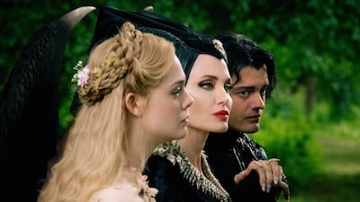 From left: Elle Fanning as Aurora, Angelina Jolie as Maleficent and Sam Riley as Diaval in ‘Maleficent: Mistress of Evil’. Disney