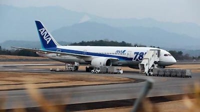 A Boeing Co. 787 Dreamliner aircraft operated by All Nippon Airways Co. (ANA) stands on the tarmac after making an emergency landing at Takamatsu airport in Takamatsu, Kagawa Prefecture, Japan, on Wednesday, Jan. 16, 2013. ANA and Japan Airlines Co. (JAL), the world's largest users of Boeing Co. 787 jets, grounded their entire fleet of Dreamliners for today in the biggest blow yet to the troubled passenger jet's image. Photographer: Yuzuru Yoshikawa/Bloomberg