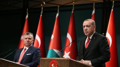 Turkish president Recep Tayyip Erdogan (R) and Jordan's King Abdullah (L) hold a joint press conference in Ankara at which they address the US announcement on Jerusalem, on December 6, 2017. Turkish Presidential Press Office / EPA