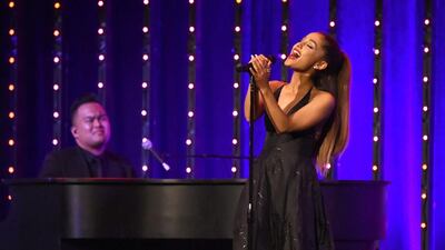 Ariana Grande performs at a charity gala in New York City last month. Her new album Dangerous Woman is full of vocal fireworks and thrills. Kevin Mazur / Getty Images