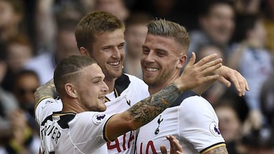 Tottenham's Eric Dier celebrates scoring their second goal against Watford with Kieran Trippier and Toby Alderweireld. Dylan Martinez / Reuters