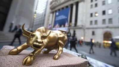 A miniature of Wall Street’s Charging Bull. Short- to medium-term prospects for US equities are likely to improve. Mary Altaffer / AP Photo