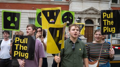 Protesters gather outside the Department for Business, Innovation, Science and Trade in London to protest against the development of advanced artificial intelligence. Getty Images