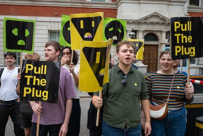Protesters gather outside the Department for Business, Innovation, Science and Trade in London to protest against the development of advanced artificial intelligence. Getty Images