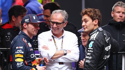 Second placed Max Verstappen and third placed George Russell after the race. Getty Images