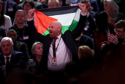 A pro-Palestinian heckler at the Labour conference in Liverpool. EPA