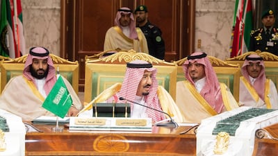 Saudi King Salman bin Abdulaziz, centre, and Saudi Crown Prince Mohammed bin Salman, at the start of the summit. EPA