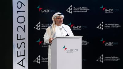 UAE Minister of State for Foreign Affairs Dr Anwar Gargash speaking at UAE Security Forum 2019: Reshaping the Future of the Horn of Africa. Reem Mohammed/The National