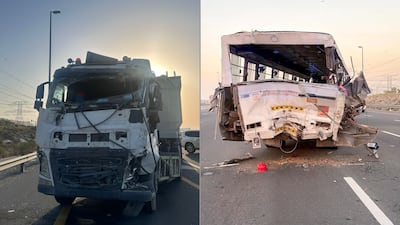 One person was killed and 19 others injured after a truck hit a workers' bus in Dubai. Photo: Dubai Police