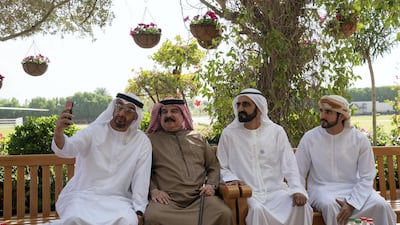 Sheikh Mohamed bin Zayed takes a photo with Sheikh Mohammed bin Rashid, King Hamad bin Isa Al-Khalifa and Sheikh Hamdan bin Mohammed bin Rashid Al Maktoum. Mohamed Al Hammadi / Ministry of Presidential Affairs