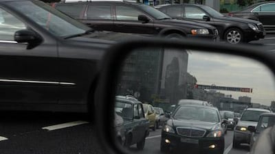 Cars in traffic in downtown Moscow.