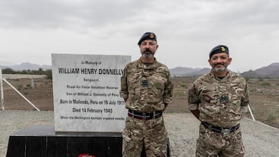 Wg Cdr Paul Taylor (L) and Flt Lt Hassan Baig attend a memorial service for British airman William Donnelly who died in a plane crash in Dhadna, Fujairah, in 1943. All photos: Antonie Robertson / The National