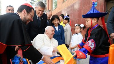 Pope Francis arrives at the Apostolic Prefecture of Ulaanbaatar during his trip to Mongolia. AFP