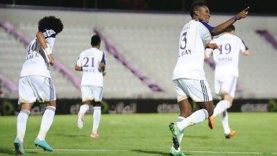 Al Ain striker Asamoah Gyan, second left, scored a hat-trick against Al Dhafra. Yausef Al Sadi / Al Itihad