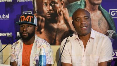 Floyd Mayweather, left, and Anderson Silva while promoting the Global Titans Fight Series. AFP