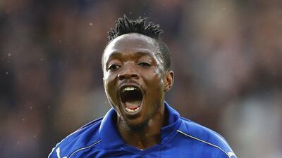 Leicester City’s Ahmed Musa celebrates scoring their first goal. Eddie Keogh / Reuters