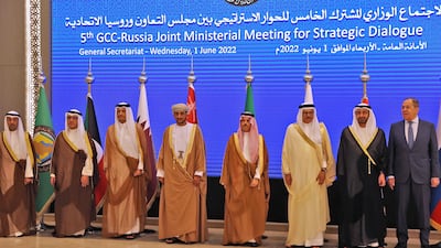 Right to left: Mr Lavrov and his Gulf counterparts, Sheikh Abdullah, Bahrain's Abdullatif Al Zayani, Saudi Arabia's Prince Faisal, Oman's Sayyid Badr Al Busaidi, Qatar's Sheikh Mohammed bin Abdulrahman Al Thani, Kuwait's Sheikh Ahmed Nasser Al Mohammed Al Sabah, and Secretary General of the GCC Nayef Al Hajraf, pose for a picture during the GCC meeting. AFP