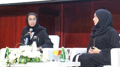 Noura Al Kaabi, Minister of of State for Federal National Council Affairs, gives a lecture at Ajman University on Sunday. Courtesy Ministry of State for Federal National Council Affairs