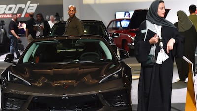 A Corvette luxury car is displayed at a special exhibition during the Riyadh Motor Show at Al-Janadriyah village in the Saudi capital. AFP