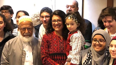 Congresswoman Rashida Tlaib (D-MI), the first Palestinian-American elected to the House, poses with supporters outside her office at the Longworth House Office Building (LHOB), in Washington, D.C., U.S.,Reuters