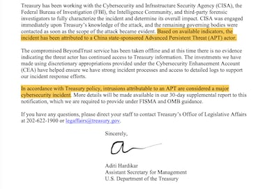 A US Treasury Department letter sent to Congress after the hacking. Photo: Screengrab