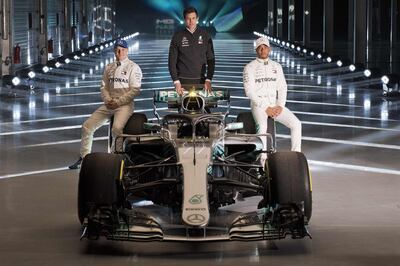 Toto Wolff, centre, is not happy with the addition of 'the halo'. Justin Tallis / AFP