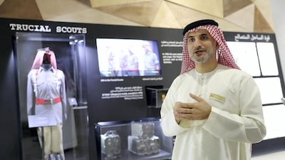 Abdulla Bin Massam Al Falasi , Etihad Museum Director, explaining about the UAE Armed Forces Exhibition held at Etihad Museum in Dubai. Pawan Singh / The National