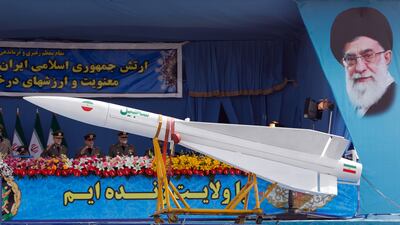 A mid-range Sejil missile in a military parade in Tehran to mark Iran’s National Army Day, on April 18, 2015. Abedin Taherkenareh / EPA
