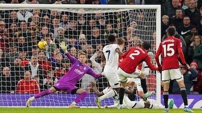 Manchester United's Victor Lindelof scores his side's first goal against Luton Town at Old Trafford on Saturday, November 11, 2023. PA