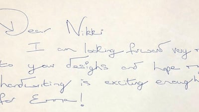A handwriting sample from one of interior designer Nikki Bisiker's clients. Graphologist Emma Bache says: 'The unusual letter formations show vitality and a sense of humour - note the letter ‘d’ and circle for the dot of the ‘i’. However, the overall speed of the writing is slow and considered - he needs order in his life. Small letters such as ‘a’ and ‘e’ highlight his tendency to be a bit of a worrier. The large spaces between words help us to see his independence and love of space.'