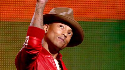 At the Grammy Awards on January 26, 2014, wearing his famous hat. It was later auctioned for charity. AP