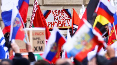 A sign reads 'No Russophobia' at a pro-Russian demonstration in Frankfurt, Germany, in April 2022. Reuters