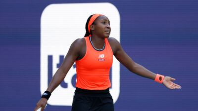 Coco Gauff after losing a point during her Miami Open defeat against Anastasia Potopovaat the Hard Rock Stadium. USA TODAY Sports