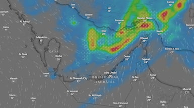 Bands of rain forecast over the Arabian Gulf next Thursday. Photo: Windy.com