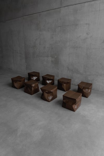 Illya Goldman Gubin transforms discarded cardboard into crumpled stools and benches, challenging perceptions of value and permanence. Photo: Phillip Koll