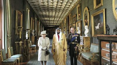 Britain's Queen Elizabeth II and Prince Philip with President Sheikh Khalifa at Windsor Castle in southern England on April 30, 2013. Reuters