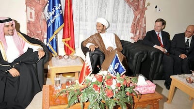 Crown prince, Sheikh Salman bin Hamad Al Khalifa, left, seen with Al Wefaq secretary general, MP Sheikh Ali Salman ,2nd from left, at Al Wefaq majlis on Sunday.