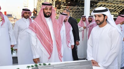 Sheikh Hamdan bin Mohammed, Crown Prince of Dubai, and Saudi Crown Prince Mohammed bin Salman visit the Expo 2020 Dubai site on Thursday. Wam