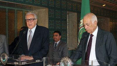 Arab League general secretary Nabil Al Arabi (right) and UN-Arab League envoy to Syria, Lakhdar Brahimi, in Cairo. A keenly anticipated peace conference for Syria will convene in Geneva on November 23. AFP