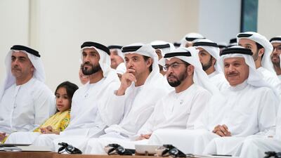 Left to right: Sheikh Saif bin Zayed, UAE Deputy Prime Minister and Minister of Interior, Rawdha bint Nahyan bin Zayed, Sheikh Nahyan Bin Zayed, Chairman of the Board of Trustees of Zayed bin Sultan Al Nahyan Charitable and Humanitarian Foundation, Sheikh Hazza bin Zayed, Vice Chairman of the Abu Dhabi Executive Council, Sheikh Hamdan bin Zayed, Ruler’s Representative in Al Dhafra Region and Dr Abdullatif Al Zayani, Secretary General of the Gulf Co-operation Council for the Arab States of the Gulf (GCC), attend a lecture by Professor Nina Tandon. Rashed Al Mansoori / Ministry of Presidential Affairs