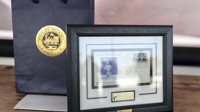 One of the gifts that have been exchange between Falah Mohamed Al Ahbabi and Karen Pence. Mohamed Al Hammadi / Ministry of Presidential Affairs