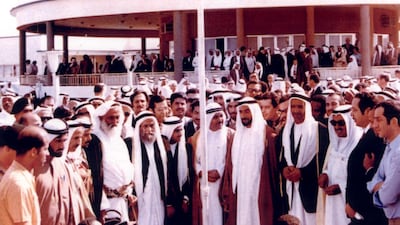 UAE Founding Father, Sheikh Zayed, hoists the Federation Flag with the Rulers of the Emirates following the declaration of the Union on December 2, 1971. National Archives images supplied by the Ministry of Presidential Affairs.