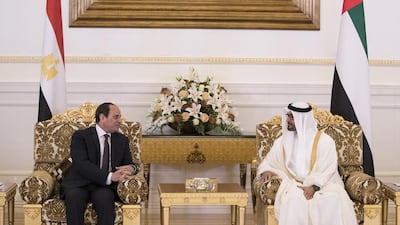 Sheikh Mohammed bin Zayed, Crown Prince of Abu Dhabi and Deputy Supreme Commander of the Armed Forces, meets with Abdel Fattah El Sisi, President of Egypt, at the Presidential Airport. Mohamed Al Hammadi / Crown Prince Court - Abu Dhabi