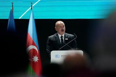 Azerbaijan's President Ilham Aliyev, speaking at Cop29, criticised France and the Netherlands over what he described as colonial rule. Rafiq Maqbool / AP Photo