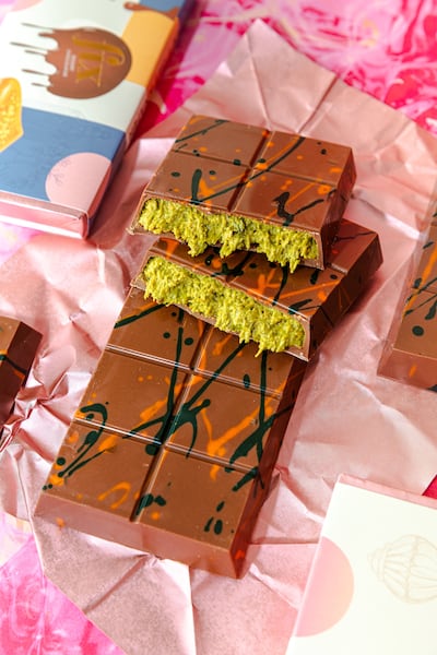 The Can’t Get Knafeh Of It bar by Fix contains knafeh mixed with pistachio and tahini paste encased in milk chocolate. Photo: Fix Dessert Chocolatier