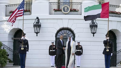 President Barack Obama, left, shakes hands with Sheikh Mohamed bin Zayed Al Nahyan, Crown Prince of Abu Dhabi, Deputy Supreme Commander of the UAE Armed Forces and Chairman of the Executive Council of the Emirate of Abu Dhabi, as he arrives at the South Lawn of the White House in Washington. Carolyn Kaster / AP Photo